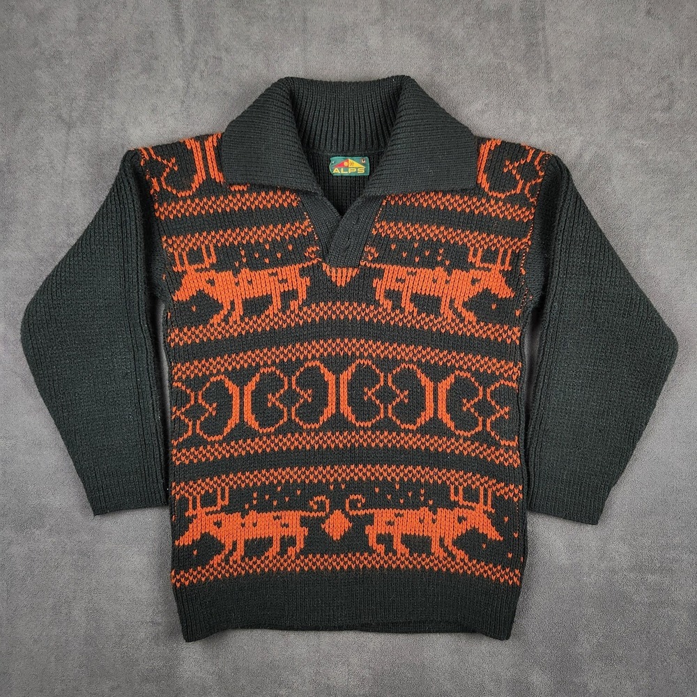 ALPS Sweater Mens Large Black Orange Shawl Collar Nordic Reindeer Knit Pullover‎